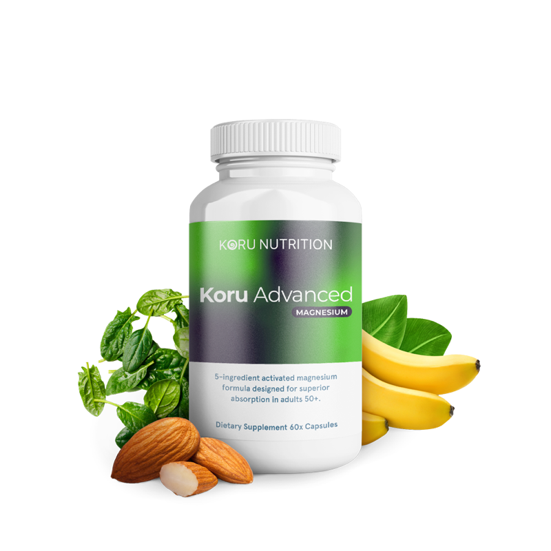 Koru Advanced Magnesium bottle with spinach, almonds and bananas