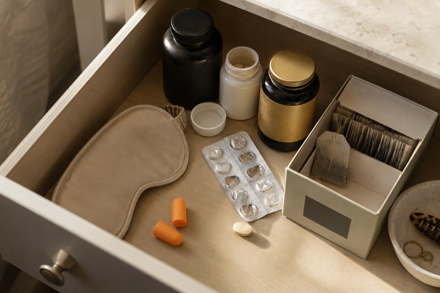 An open bedside drawer of half-used sleep aids - an eye mask, foam earplugs, an empty blister strip, unlabelled bottles and a box of herbal tea