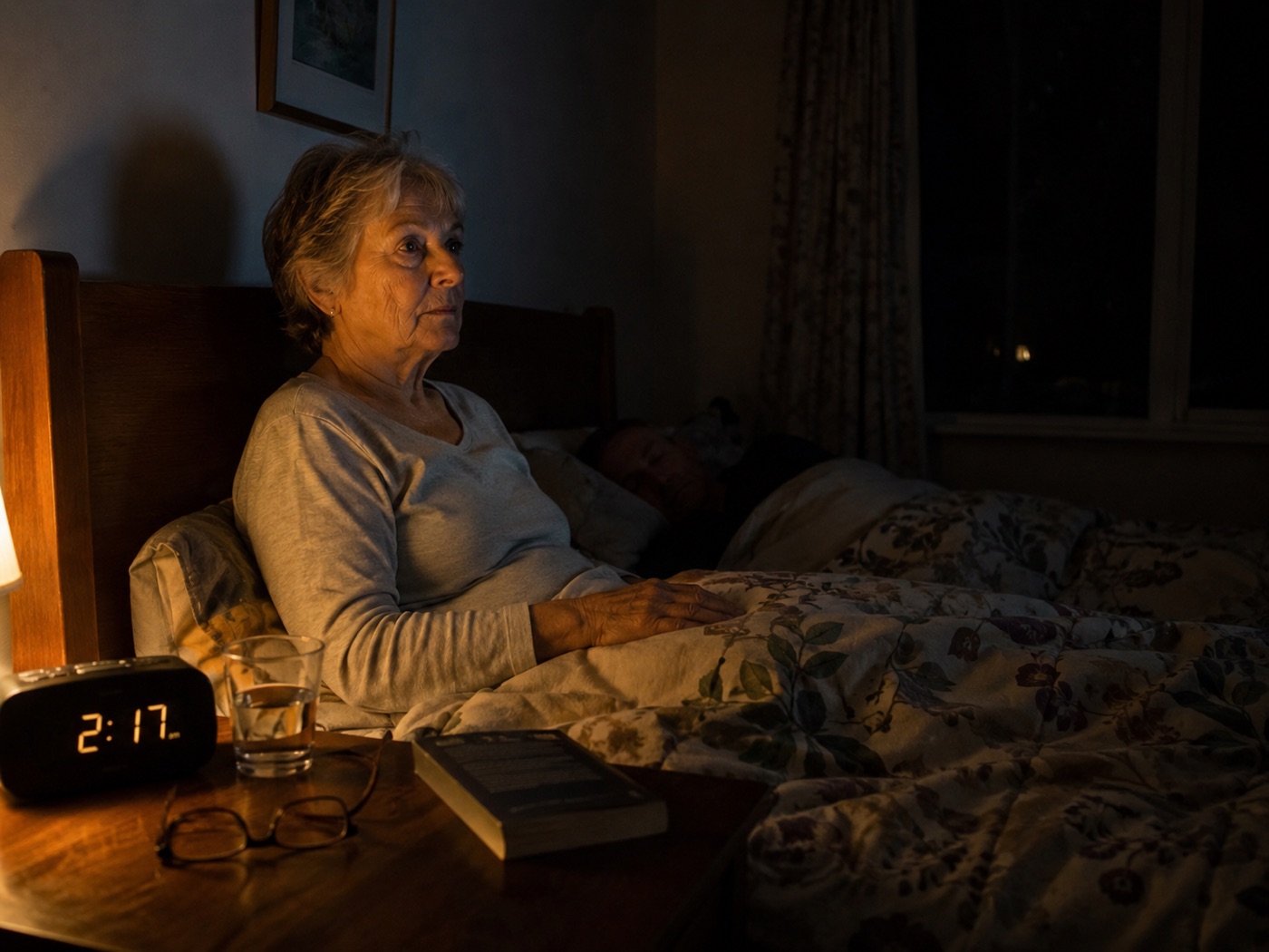 A woman in her 60s sitting up in bed, wide awake in the lamplight, the bedside clock showing 2:17 a.m. while her partner sleeps