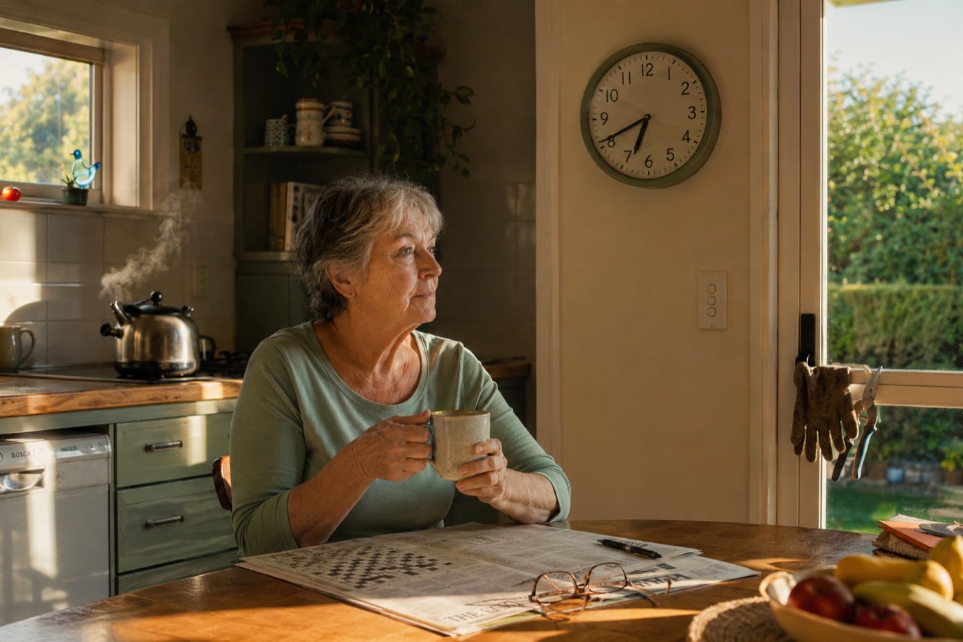 The same woman the next morning, clear-eyed at the kitchen table with a cup of tea and the crossword, kettle steaming, the wall clock reading twenty to seven, garden gloves waiting by the door