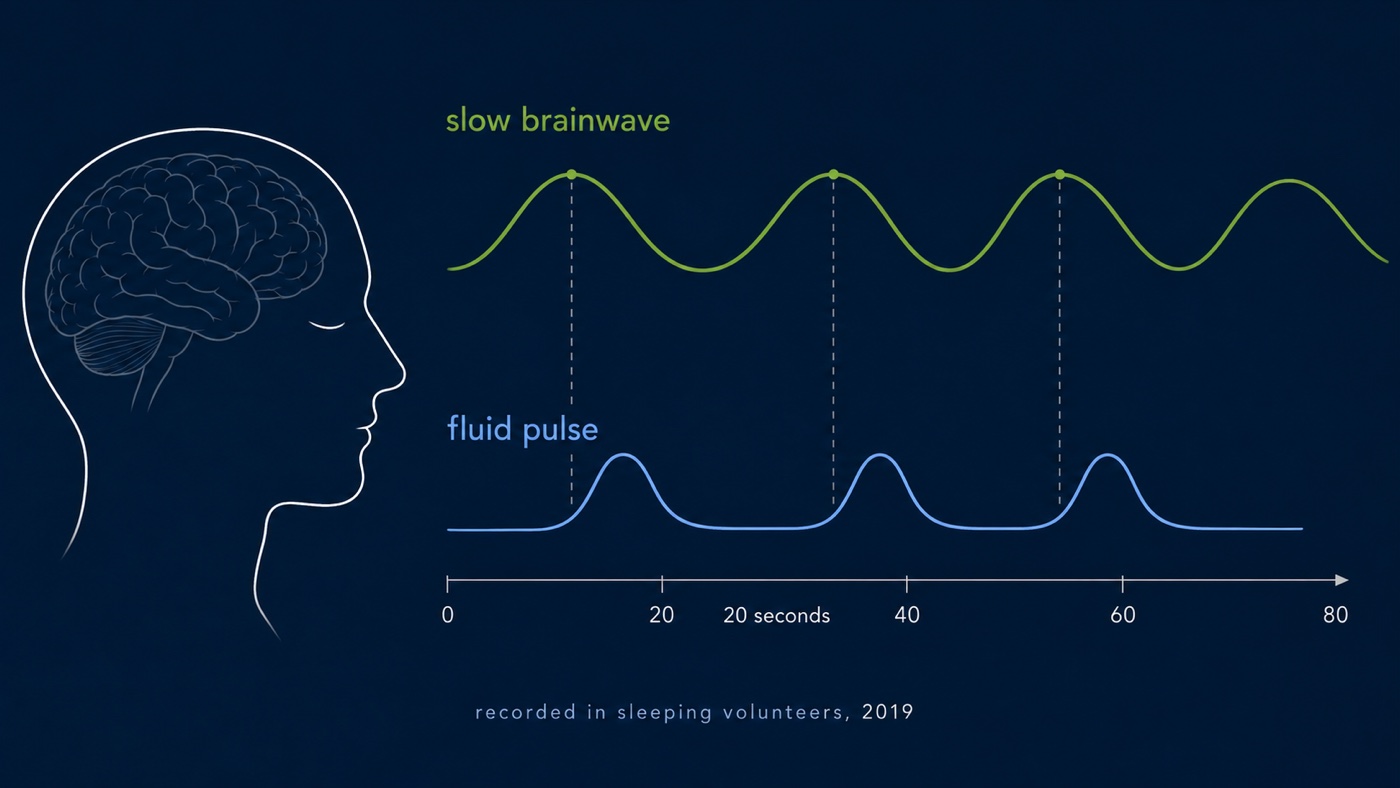 Diagram from the 2019 human study: a slow green brainwave trace above a blue fluid-pulse trace, each pulse following each wave about every twenty seconds, beside a sleeping profile on a navy background