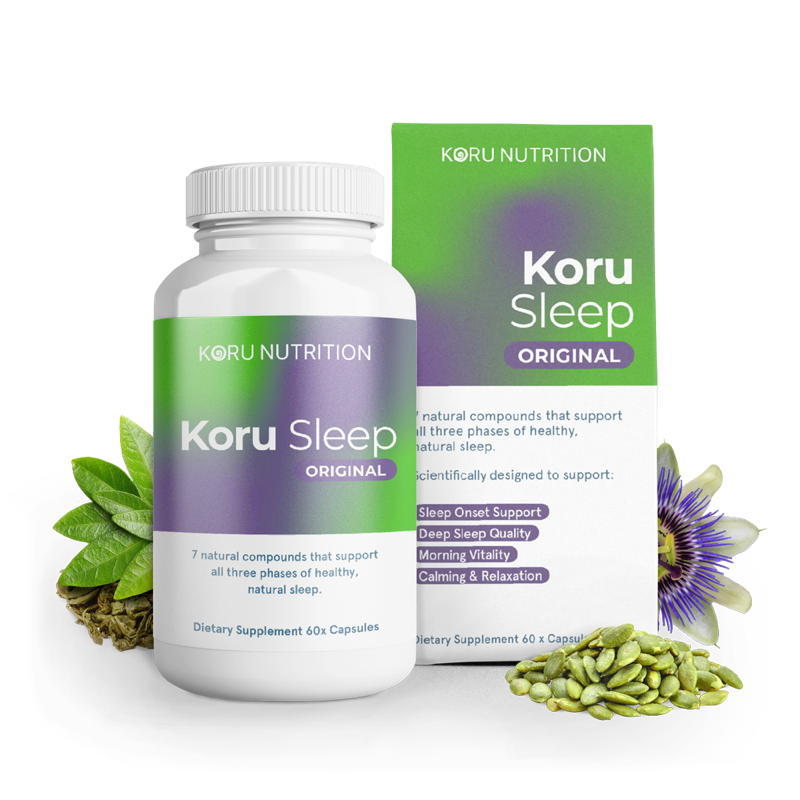 Koru Sleep bottle and box surrounded by its natural ingredients - passion flower, green tea leaves and pumpkin seeds