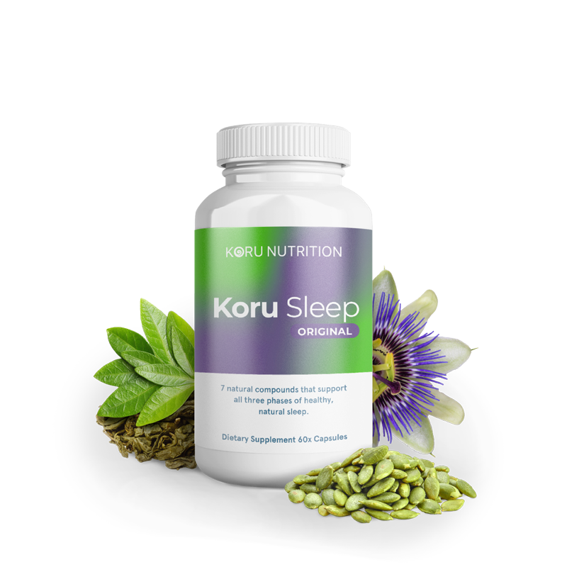 Koru Sleep bottle with passion flower, green tea leaf and pumpkin seeds