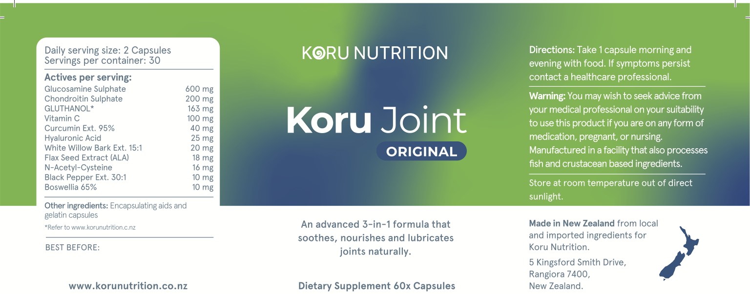 Koru Joint Original label: actives per serving including Glucosamine Sulphate 600mg, Chondroitin Sulphate 200mg, Gluthanol 163mg, Vitamin C 100mg, plus directions and warnings