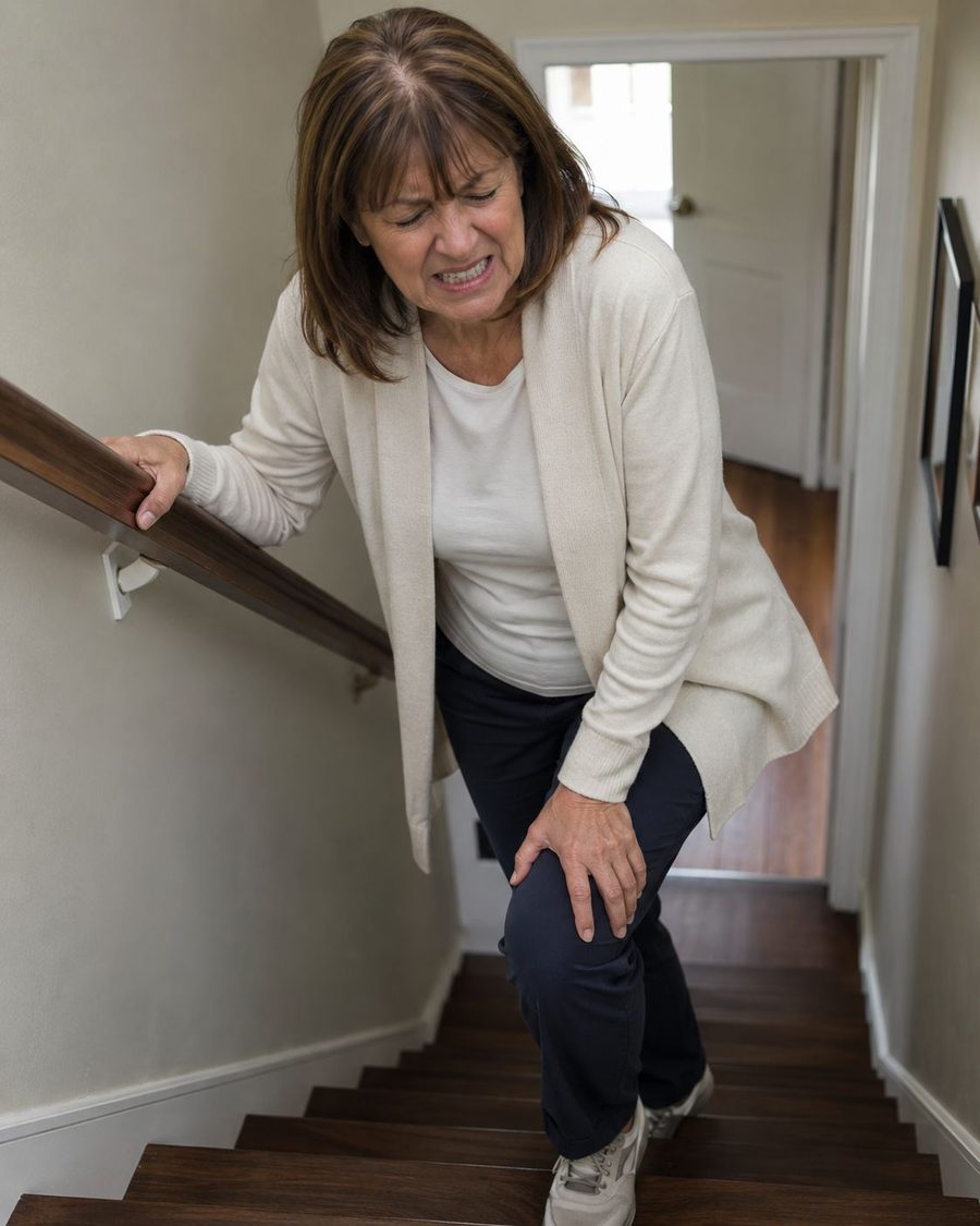A woman pauses on the stairs, one hand on the rail and one on her knee