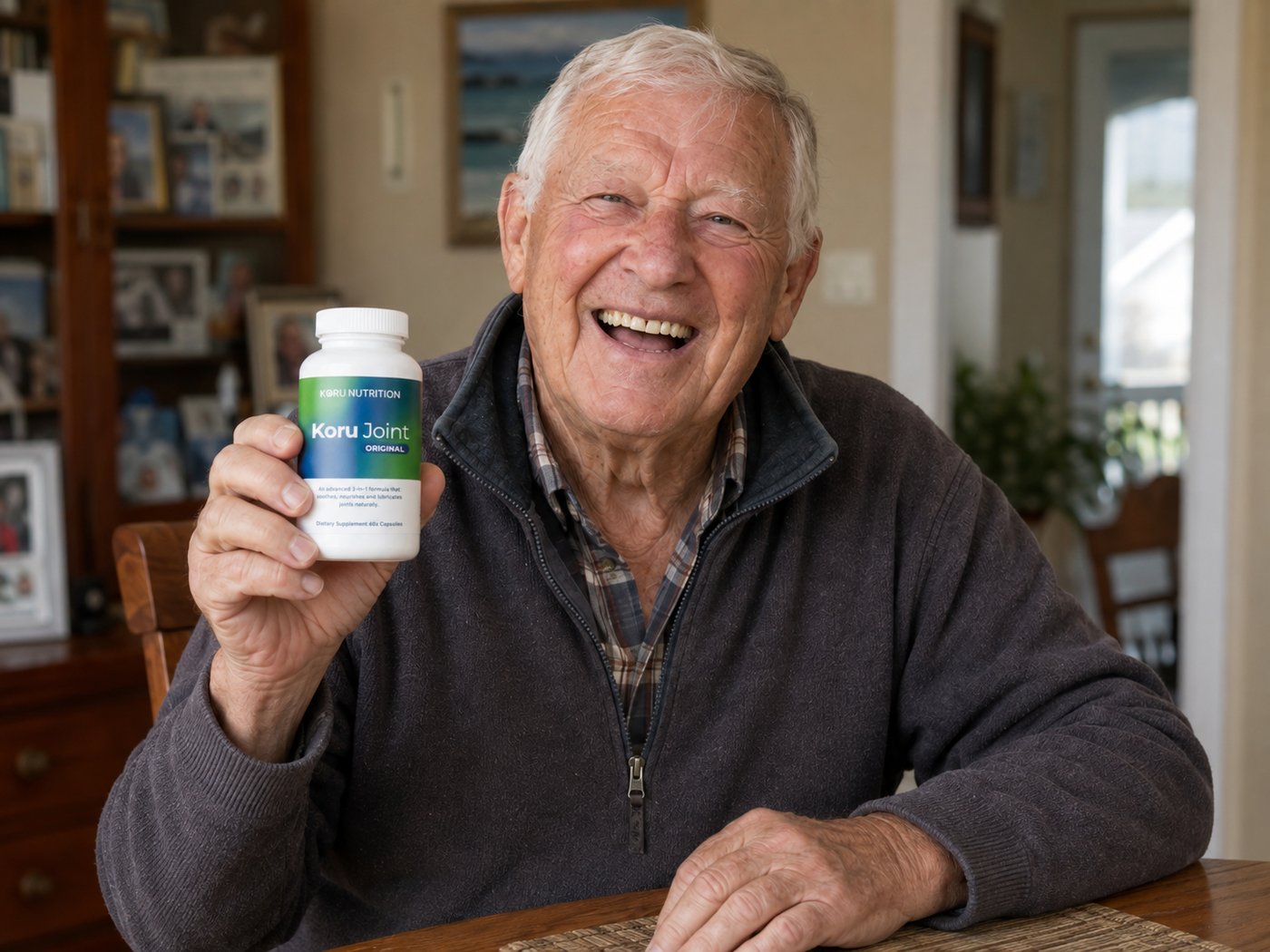 A man at his kitchen table holding a bottle of Koru Joint