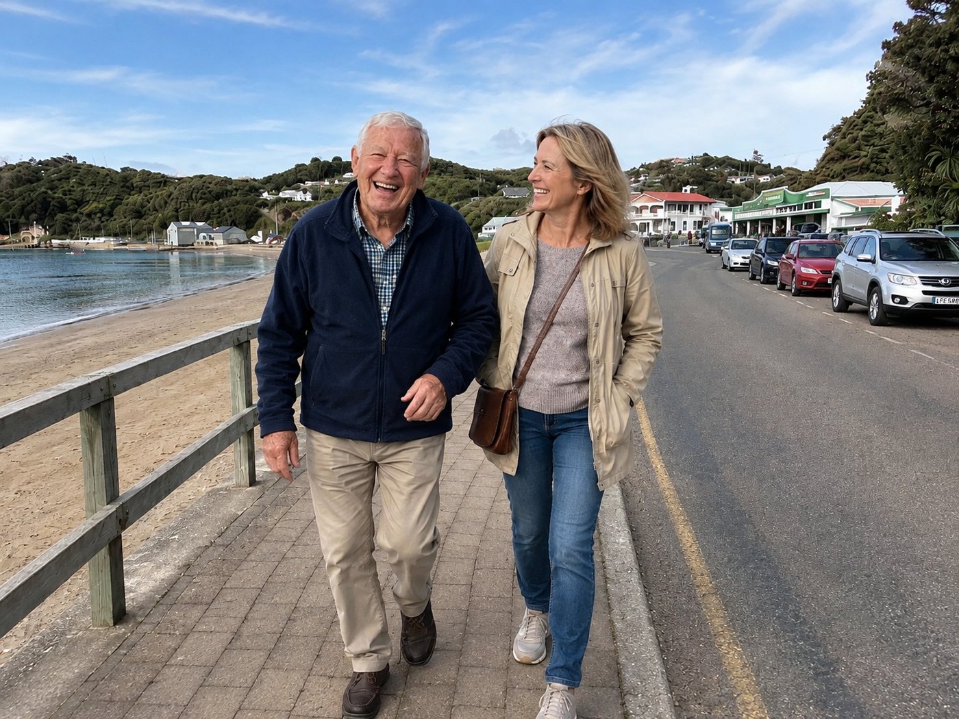 A man and a woman walking along a beachfront footpath in a small island town
