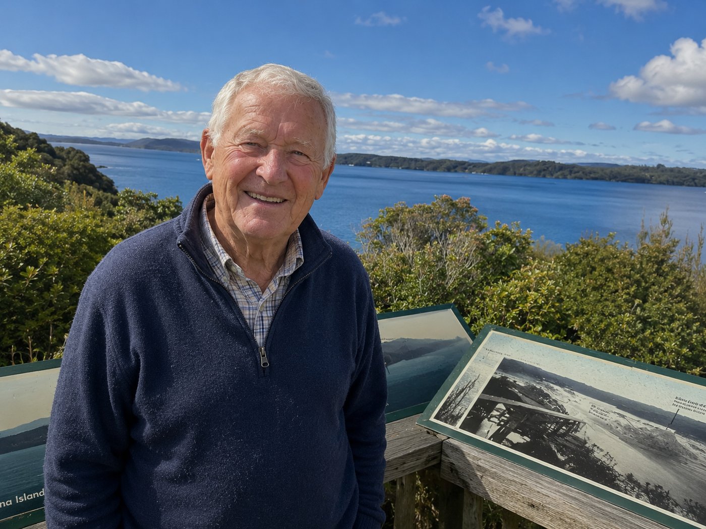 A man at a lookout over the water on Ulva Island