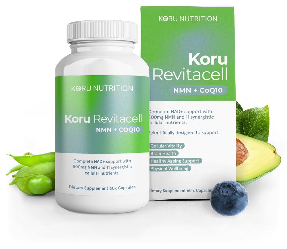 Koru Revitacell bottle and box with edamame, avocado, blueberry and leaves