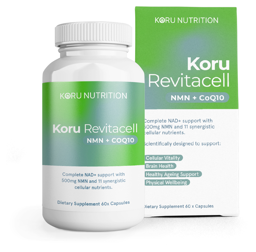 Koru Revitacell bottle and box, NMN + CoQ10, 60 capsules