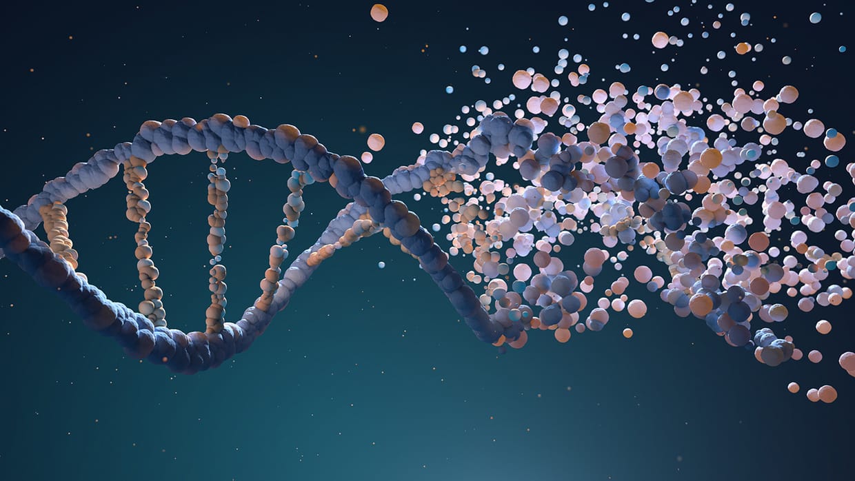 A DNA strand fragmenting into particles
