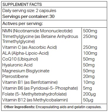 Koru Revitacell supplement facts: daily serving 2 capsules, 30 servings; NMN 500mg, TMG 250mg, vitamin C 250mg, ALA 100mg, CoQ10 ubiquinol 50mg, hyaluronic acid 50mg, magnesium bisglycinate 50mg, pterostilbene 20mg, benfotiamine 10mg, P-5-P 5mg, 5-MTHF 200μg, methylcobalamin 50μg
