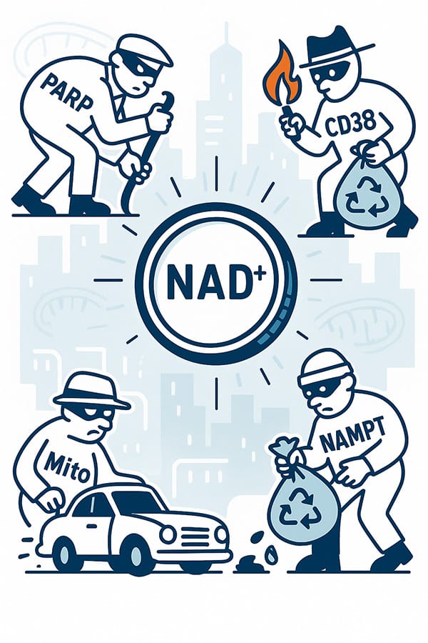 Cartoon of the four processes that drain NAD+: PARP repair, CD38, tired mitochondria and a slower NAMPT recycling enzyme