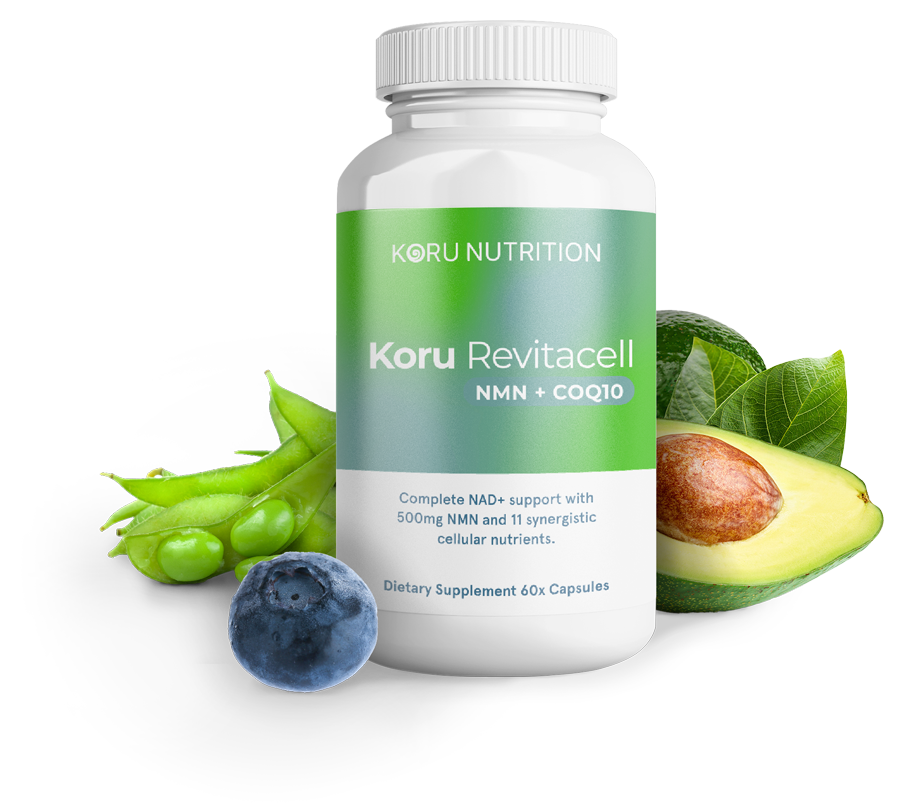 Koru Revitacell bottle with edamame, blueberry and avocado, natural sources of NMN and the supporting nutrients