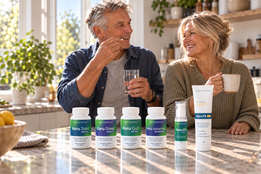 A couple at their kitchen bench with their Koru products lined up